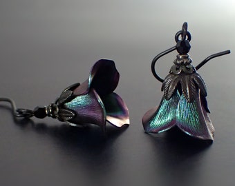 Iridescent Dark Color Shifting Flower Earrings - Gothic Victorian Tulip Drops with Black Metal and Crystals