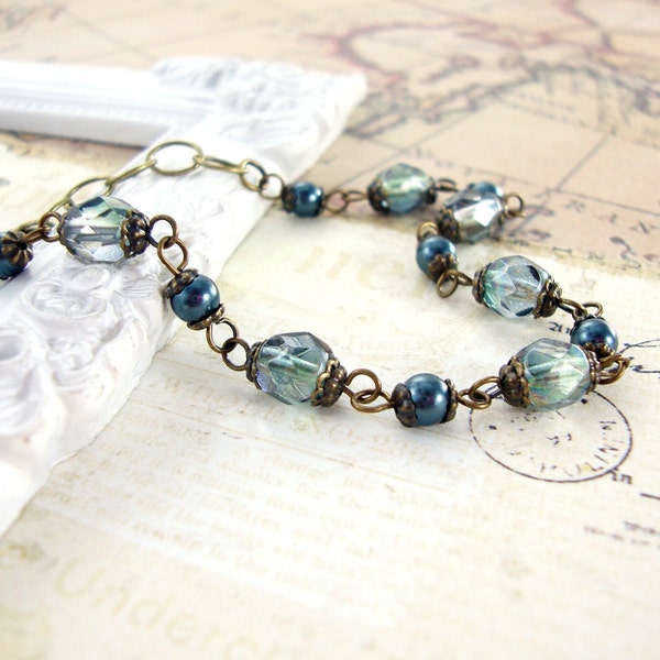 Stormy Seas - Teal Crystal Simulated Pearl and Seafoam Green Bead Bracelet - Dusky Green Antique Brass Vintage Style Jewelry