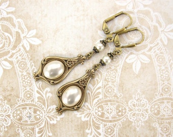 Ivory-Colored Pearl Cabochon Earrings - Antique Brass Renaissance Victorian Vintage Style Wedding Bridal Jewelry with Crystal Pearls