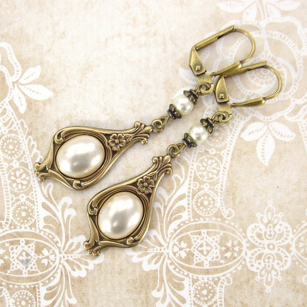 Ivory-Colored Pearl Cabochon Earrings - Antique Brass Renaissance Victorian Vintage Style Wedding Bridal Jewelry with Crystal Pearls