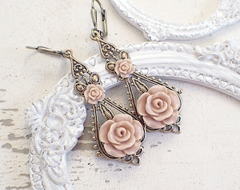 Shabby Blush Rose Earrings - Vintage Style Cottage Chic Rustic Barn Wedding Resin Flower Earrings - Rose Gold Color with Lever Backs