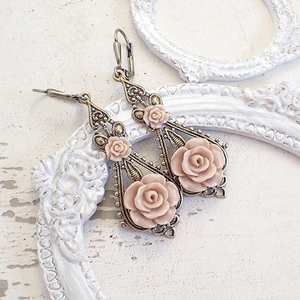 Shabby Blush Rose Earrings - Vintage Style Cottage Chic Rustic Barn Wedding Resin Flower Earrings - Rose Gold Color with Lever Backs