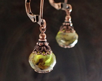 Rustic Green and Beige Picasso Czech Glass Handmade Earrings with Antiqued Copper Lever Backs