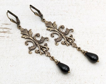 Handmade Medieval Style Earrings with Black Crystal Pearls and Antiqued Brass Bronze Flourishes