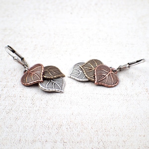 Antiqued Mixed Metal Leaf Lever Back Dangle Earrings, Handmade with Copper, Bronze Brass, and Silver