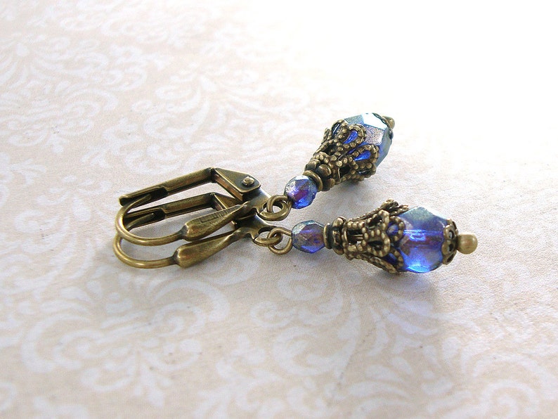 Antique Brass Jewelry Boho Blue Bronze Earrings Shimmery Dainty Blue Vintage Style Earrings Czech Glass Blue Bead Earrings