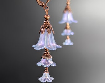 Cascading Bluebell Flower Earrings in Iridescent Light Blue Lucite with Vintage Victorian Style Antiqued Copper, Handmade Flower Earrings