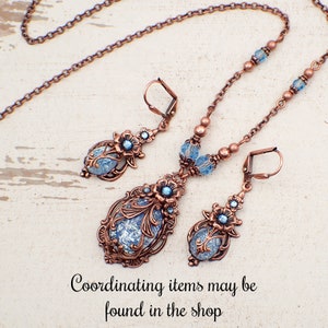 Victorian Cabochon Necklace with Aqua Blue Faux Opal Stone and Crystals and Antiqued Copper Filigree image 3