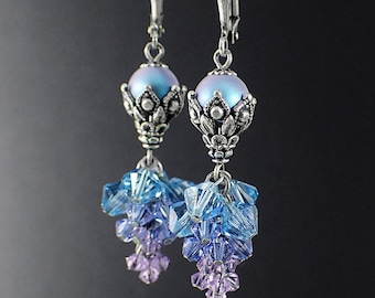 Crystal Cascade Earrings - Antiqued Silver and Blue, Lavender, and Purple Beaded Cluster Earrings