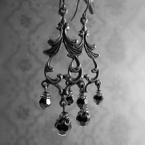 Gothic Chandelier Earrings with All Black Metal, Crystal Victorian Mourning Jewelry