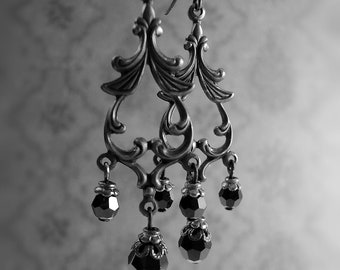 Gothic Chandelier Earrings with All Black Metal, Crystal Victorian Mourning Jewelry