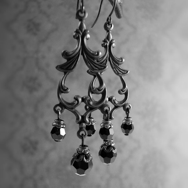 Gothic Chandelier Earrings with All Black Metal, Crystal Victorian Mourning Jewelry