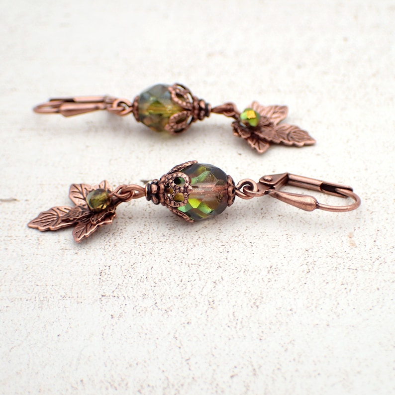Clip-ons Hooks or Lever Backs Iridescent Green and Antiqued Copper Autumn Maple Leaf Charm Earrings