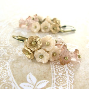 Neo Victorian Flower Cluster Earrings Pink Gold and Ivory Czech Flower Earrings Brass Vintage Style Flower Jewelry Cottage Chic Wedding image 1