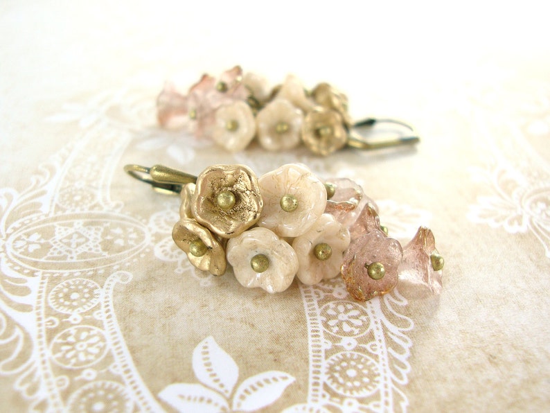 Neo Victorian Flower Cluster Earrings  Pink Gold and Ivory image 1