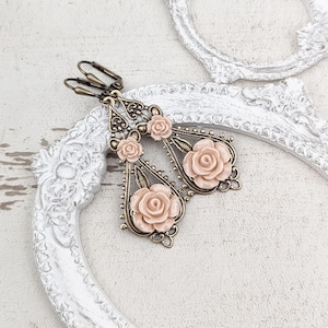 Shabby Blush Rose Earrings, Vintage Style Cottage Chic Rustic Barn Wedding Resin Flower Earrings, Rose Gold Color with Lever Backs