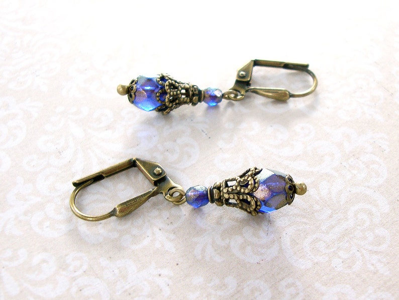 Antique Brass Jewelry Boho Blue Bronze Earrings Shimmery Dainty Blue Vintage Style Earrings Czech Glass Blue Bead Earrings
