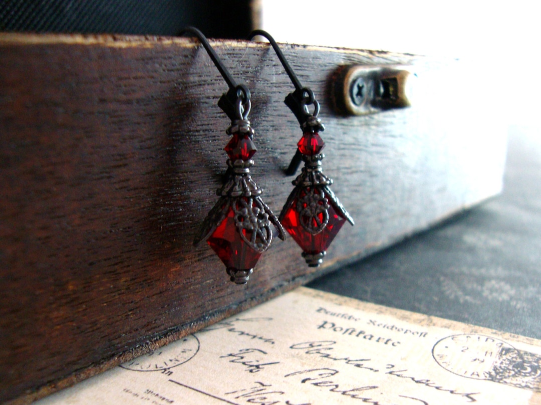 Romantic Red Gothic Earrings - Blood Red Victorian Earrings - Gothic Filigree Earrings - Black and Red Gothic Jewelry