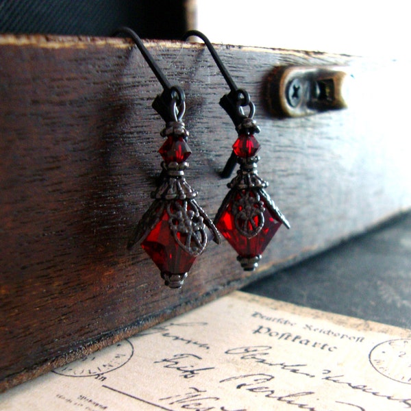 Romantic Red Gothic Earrings - Blood Red Victorian Earrings - Gothic Filigree Earrings - Black and Red Gothic Jewelry