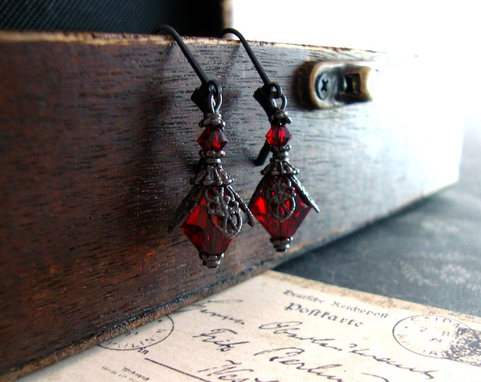 Romantic Red Gothic Earrings - Blood Red Victorian Earrings - Gothic Filigree Earrings - Black and Red Gothic Jewelry