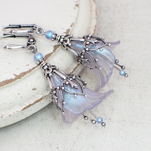 Iridescent Lucite Flower Earrings, Lavender and Blue with Crystal Pearls and Antiqued Silver, Handmade Artistic Fantasy Jewelry