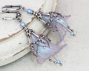 Iridescent Lucite Flower Earrings, Lavender and Blue with Crystal Pearls and Antiqued Silver, Handmade Artistic Fantasy Jewelry