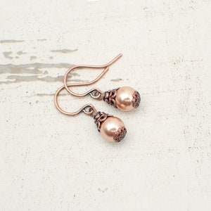 Dainty Earrings with Rose Gold-Colored Crystal Simulated  Pearls Antiqued Copper