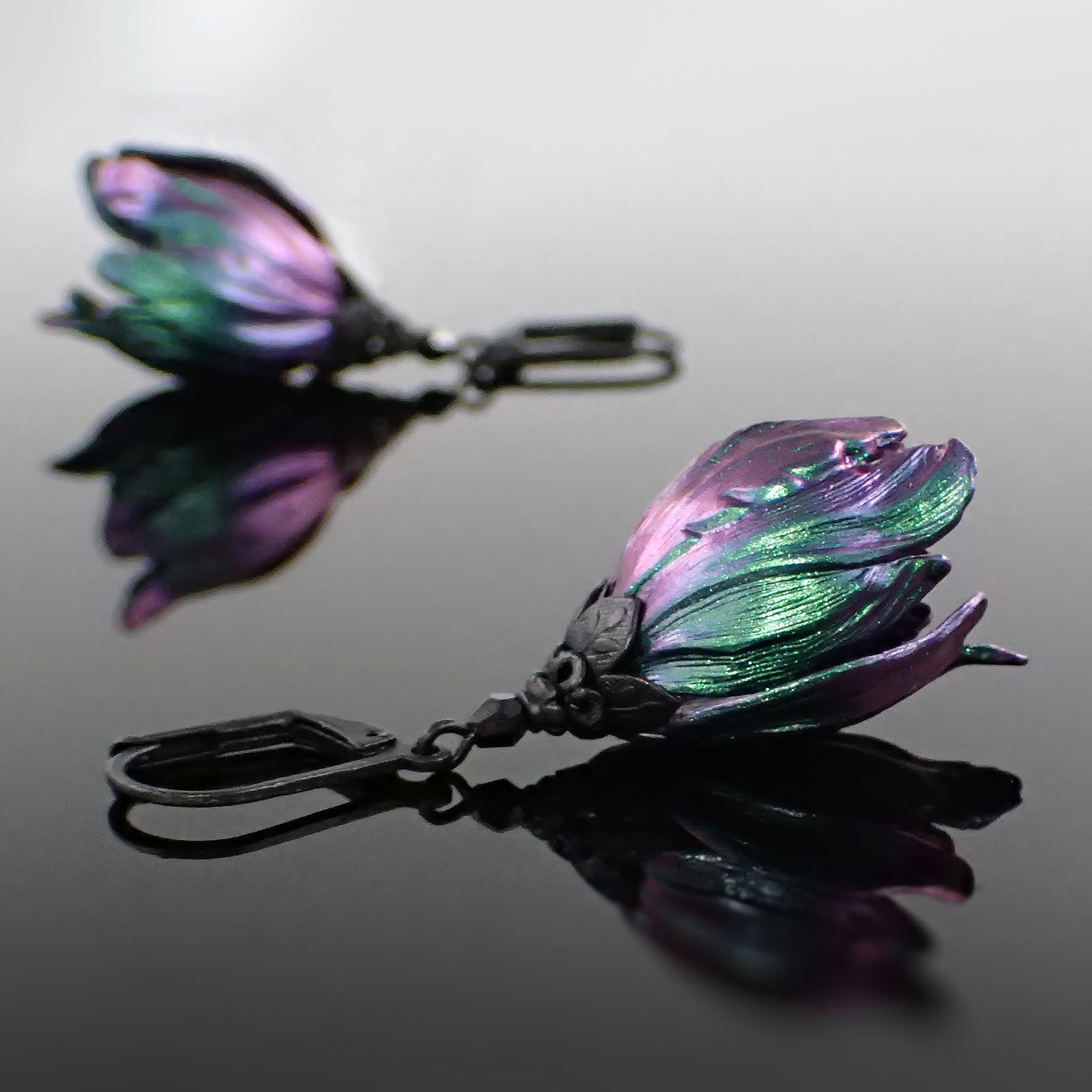 Gothic Iridescent Color Shifting Flower Earrings, Purple and Green Handmade Goth Victorian Tulip Drops with Black Metal and Crystals