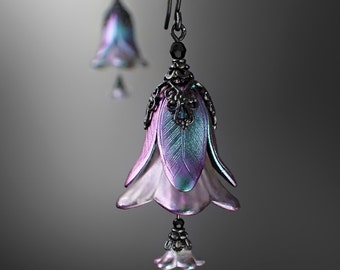 Night Elf Earrings - Dark Black Brass and Lucite Flower Drops with Color Shifting Purple and Green Shimmer Patina and Crystal Beads