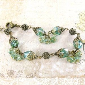 Ethereal Teal Vintage Style Floral Bracelet - Victorian Flower Jewelry Antique Brass Filigree Aqua Green Beaded Bracelet Unique Jewelry