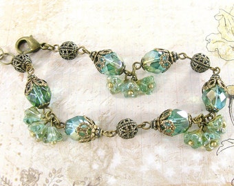 Ethereal Teal Vintage Style Floral Bracelet - Victorian Flower Jewelry Antique Brass Filigree Aqua Green Beaded Bracelet Unique Jewelry