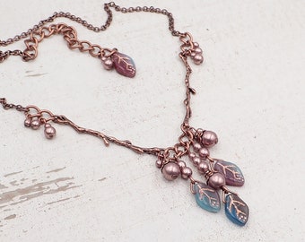 Boho Branch Necklace Handmade with Aqua and Purple Artisan Czech Glass Leaf Beads and Antiqued Copper