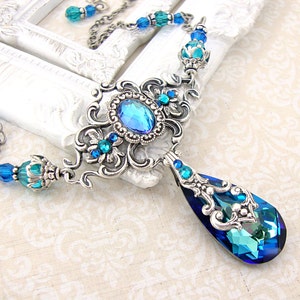 Bermuda Blue Victorian Style Necklace with Antiques Silver Filigree Custom Length image 2