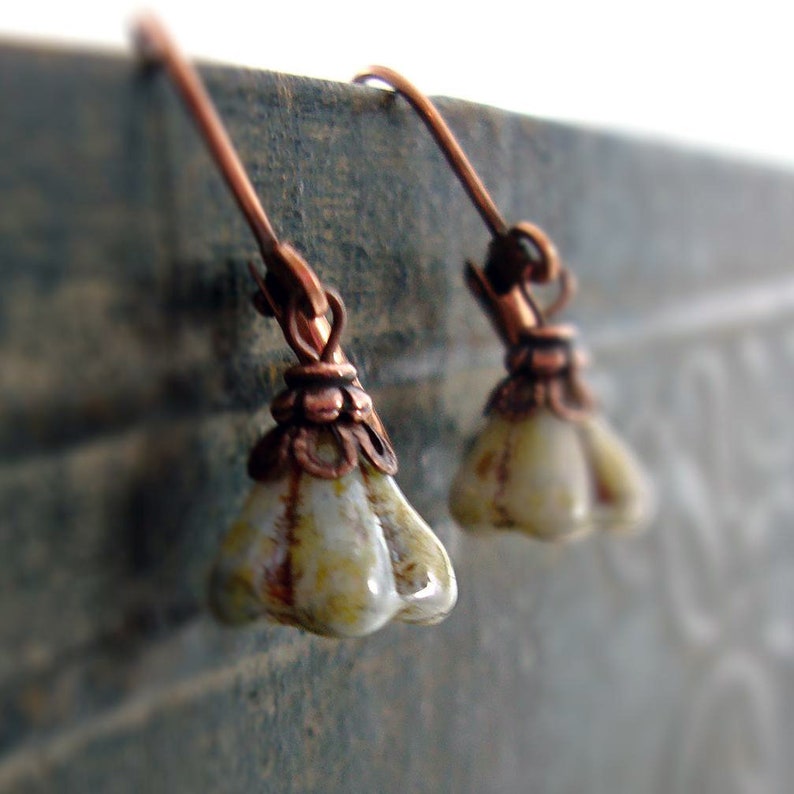 Little Rustic Flower Earrings with Czech Glass Beads and Antiqued Copper image 6