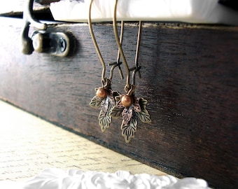 Maple Leaf Dangle Earrings, Handmade Vintage Style with Antique Bronze and Copper Metal