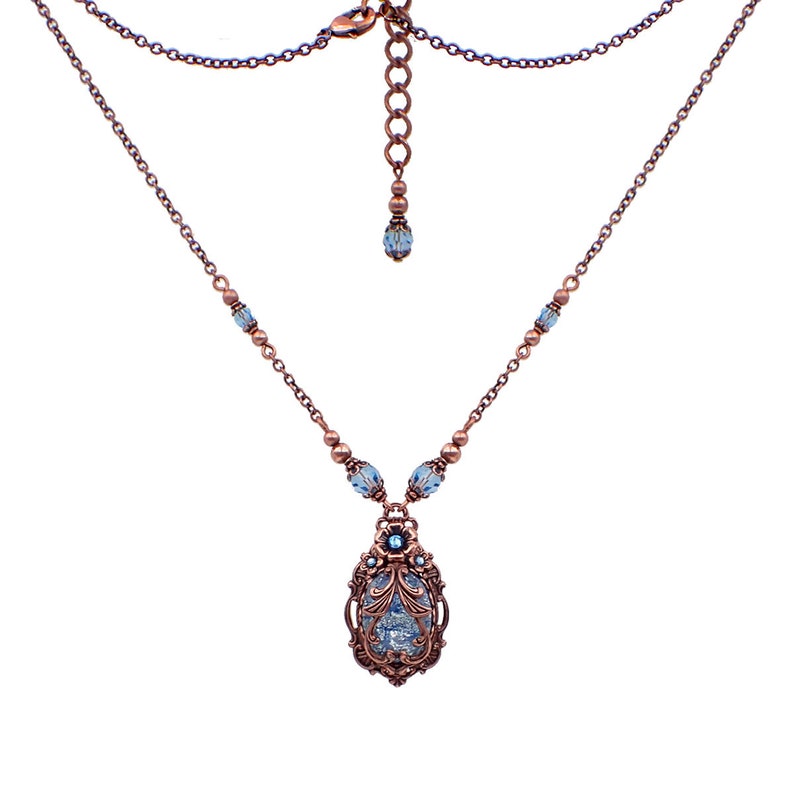 Victorian Cabochon Necklace with Aqua Blue Faux Opal Stone and Crystals and Antiqued Copper Filigree image 6