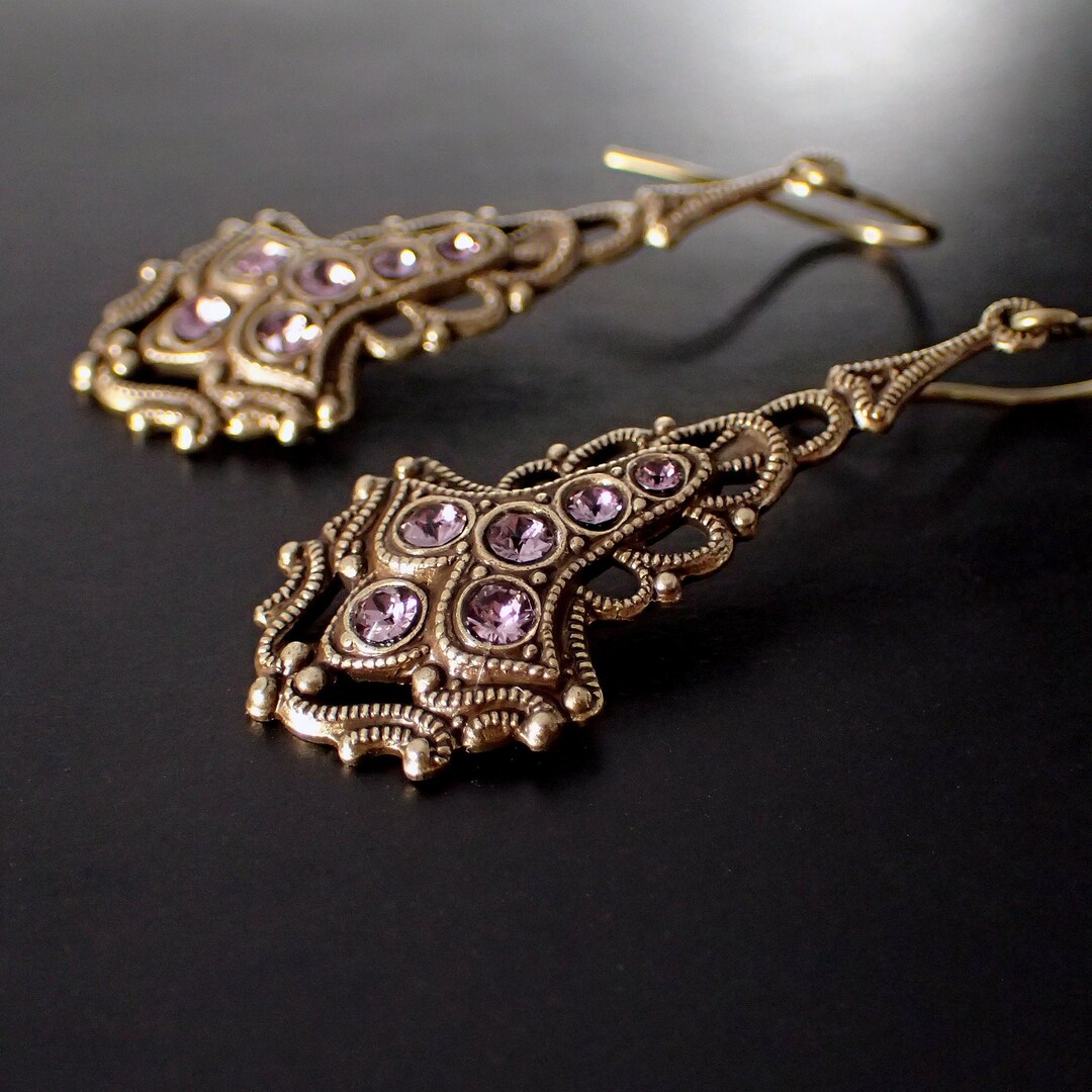 Antique Style Drop Earrings With Dusty Pink Crystals and Brass Etsy