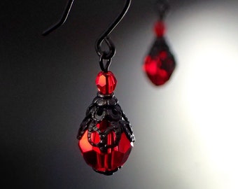 Gothic Victorian Blood Red Crystal Earrings with Black Brass Filigree - Romantic Victorian Style Jewelry