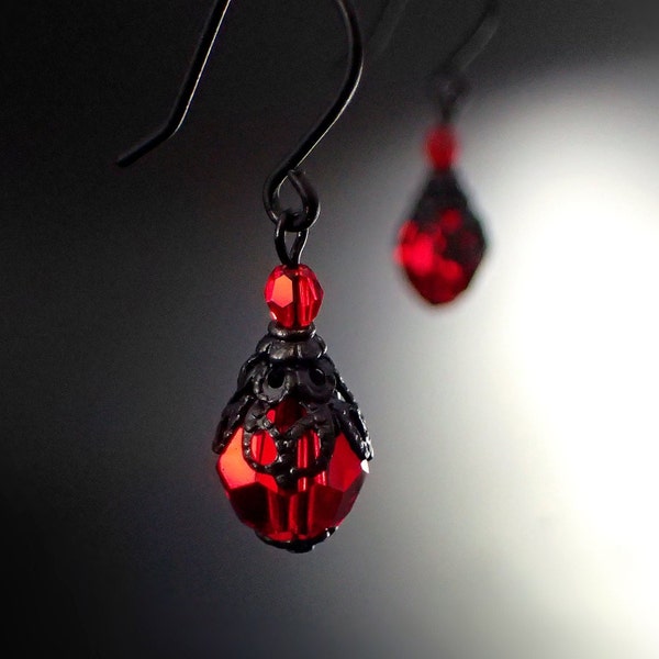 Gothic Victorian Blood Red Crystal Earrings with Black Brass Filigree - Romantic Victorian Style Jewelry