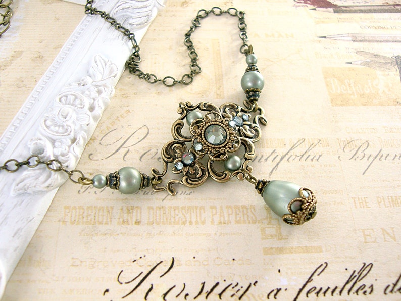 Sage Green Victorian Necklace Antique Brass Antique Style Etsy