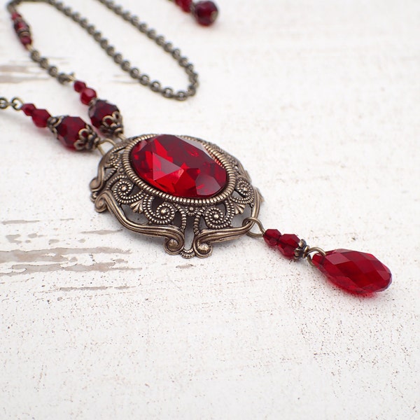 Victorian Style Dark Red and Bronze Crystal Necklace with Antiqued Brass Filigree