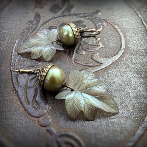 Handmade Acorn Earrings with Iridescent Khaki Green Crystal Pearls and Antiqued Brass, Autumn Jewelry, Hook, Lever Back, or Clip On