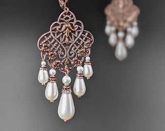 Handmade Antique Style Filigree Chandelier Earrings with White Drop Shaped Pearls and Floral Antiqued Copper Metal