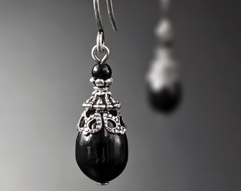 Black Victorian Style Crystal Pearl TearDrop Earrings with Antiqued Silver Filigree