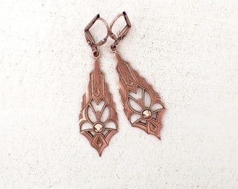 Art Deco Earrings - Antiqued Copper with Rose Gold Colored Crystals - 1920s Style Jewelry