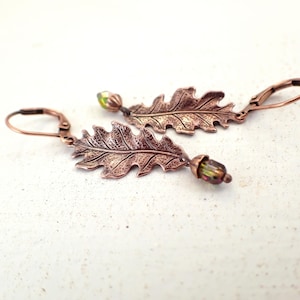 Iridescent Green and Copper Oak Leaf Dangle Earrings with Lever Backs and Little Acorns - Copper Ox Woodland Autumn Jewelry
