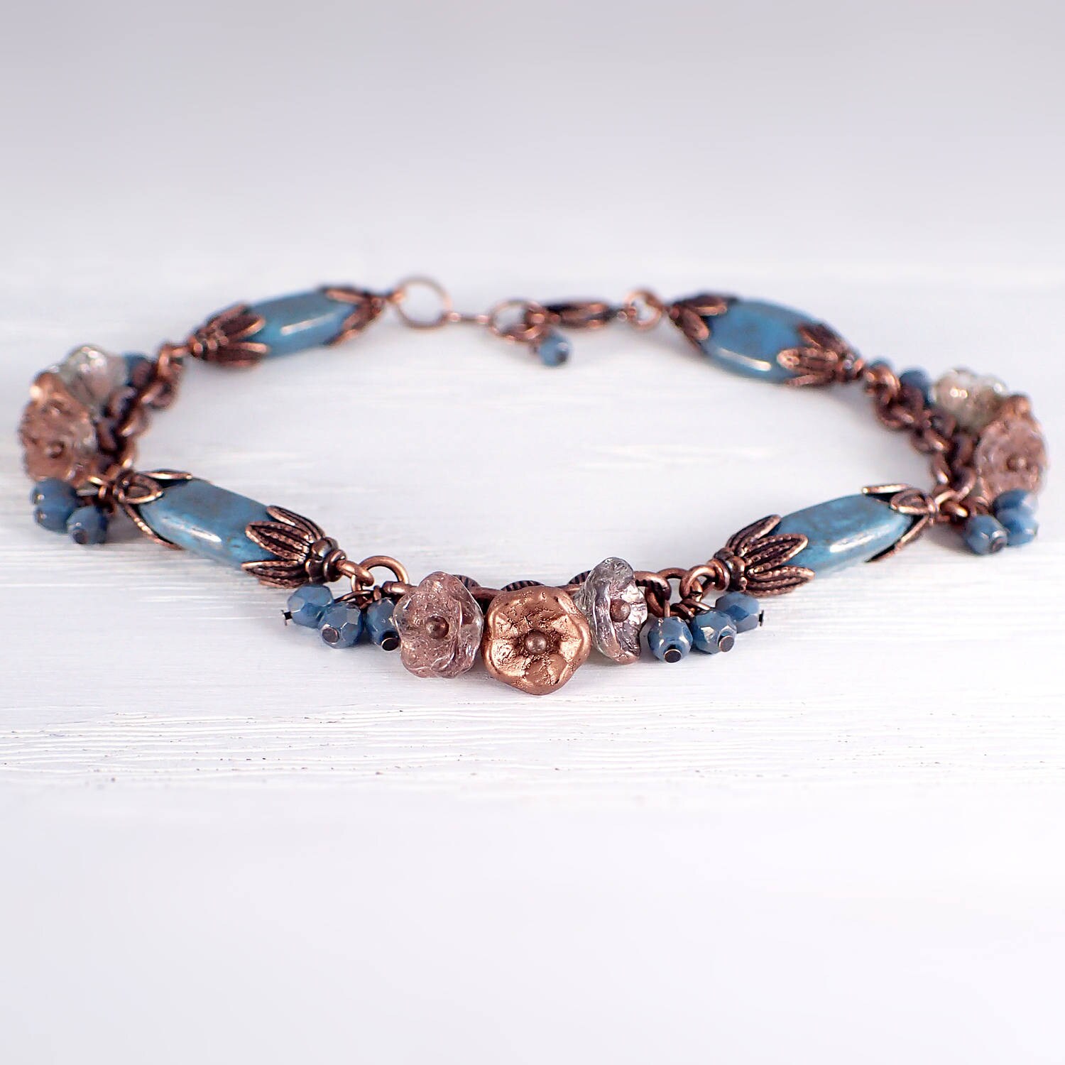 Flower Bead Cluster Bracelet Antique Copper and Blue Teal - Etsy UK