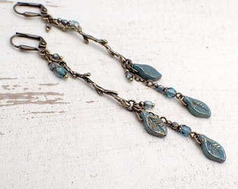 Boho Branch Earrings, Handmade with Teal Artisan Czech Glass Leaf Beads and Antiqued Bronze Brass