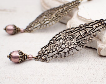 Victorian Filigree Drop Earrings with Floral Details, Handmade Antiqued Brass Earrings with Dusty Rose Pink Beads