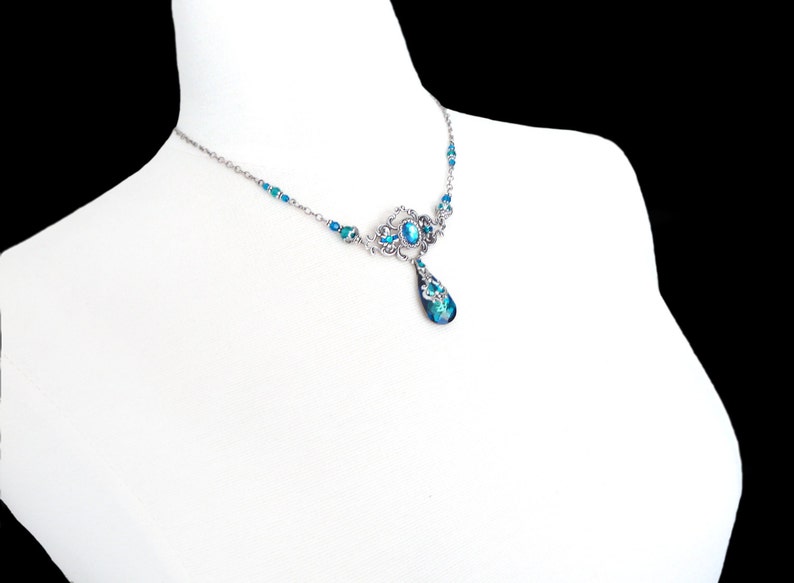 Bermuda Blue Victorian Style Necklace with Antiques Silver Filigree Custom Length image 3